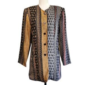 Vtg‎ Silk Jacket Medium Black Tribal Bohemian Long Blazer Deadstock 80s Office